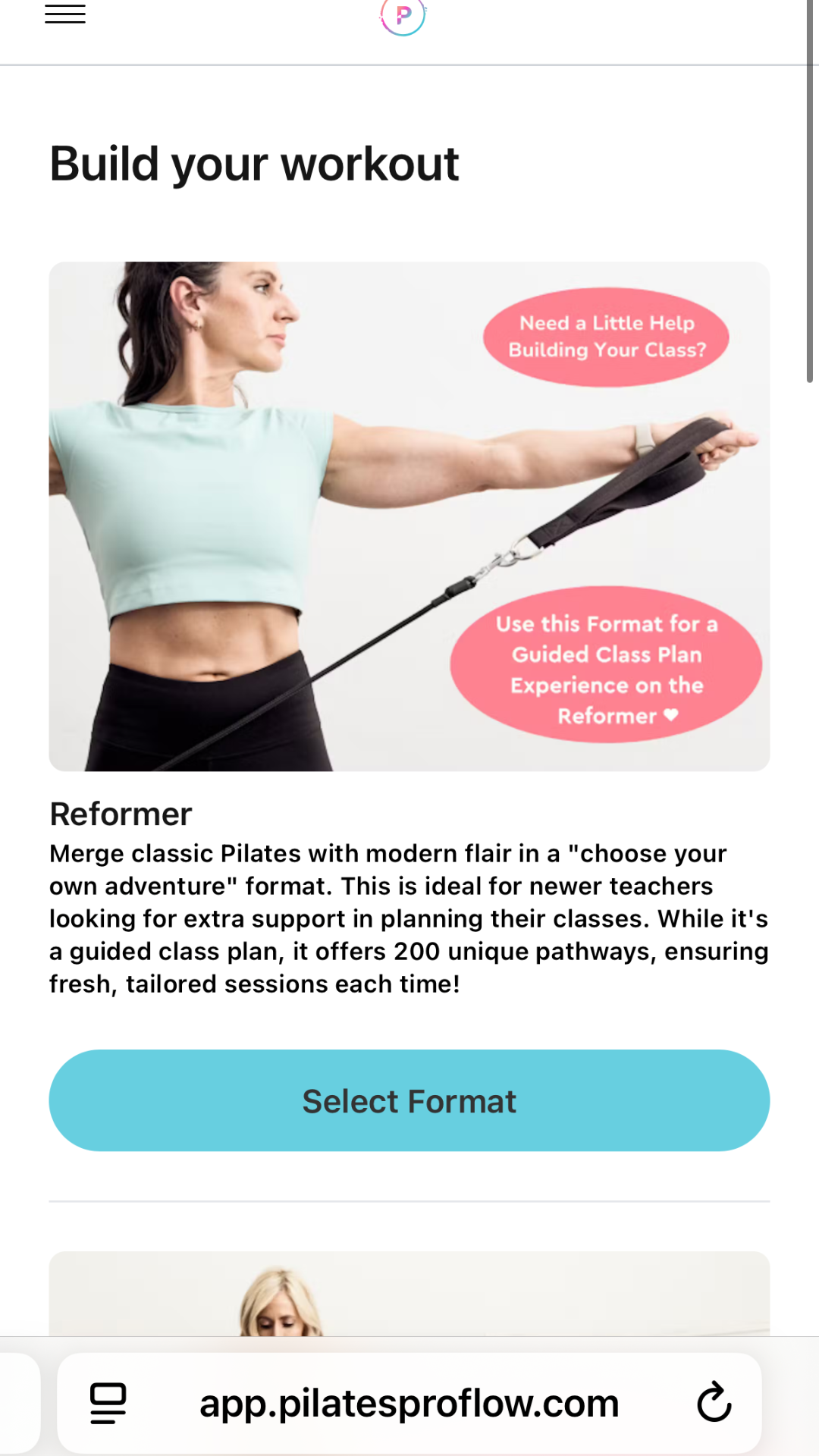 Actual Pro Flow app screen showing Build your workout and the guided Reformer format