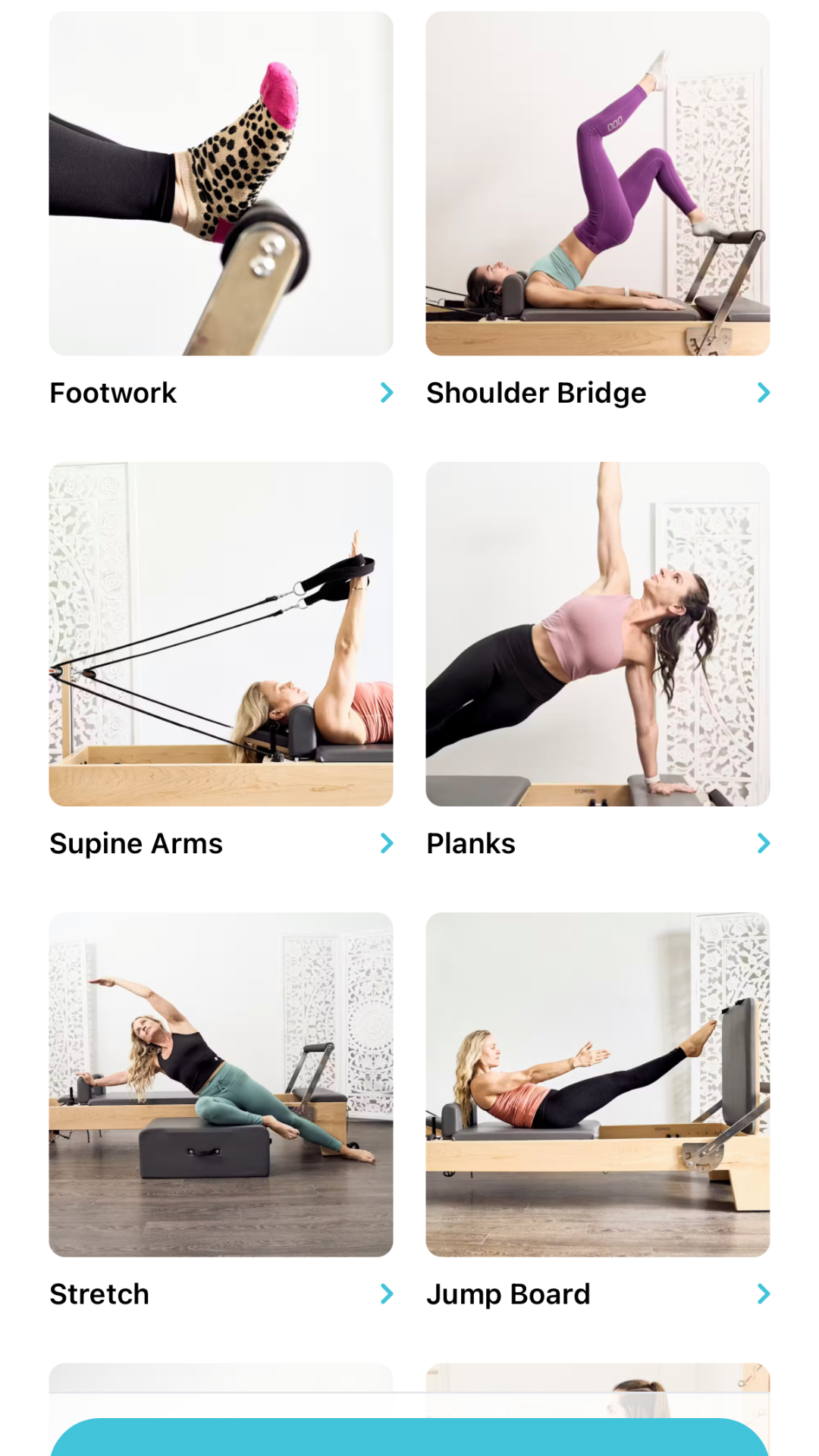 Actual Pro Flow movement categories including Footwork, Shoulder Bridge, Supine Arms, Planks, Stretch, and Jump Board